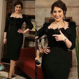 2021 Elegant Black Sheath with Long Sleeve Tea Length Plus Size Mother Of The Bride Dresses Hand-Made Flowers Mother Groom Dress