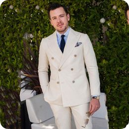 Brand New Beige Men Wedding Tuxdos Double-Breasted Groom Tuxedos Excellent Men Jacket Blazer 2 Piece Suit(Jacket+Pants+Tie) 2622