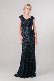 Navy Blue Stretch Sequins Modest Prom Dresses 2020 Sheath Women Formal Evening Sparkle Elegant Modest Evening Gowns Custom Made