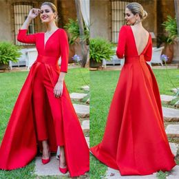 Red Backless Women Jumpsuit 3/4 Long Sleeve Evening Dresses Sexy V Neckline Satin Formal Dress