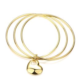 3-Pieces Unopenable Simple Style Womens Bangle With Heart 18K Yellow Gold Filled Smooth Womens Bracelet Fashion Jewelry