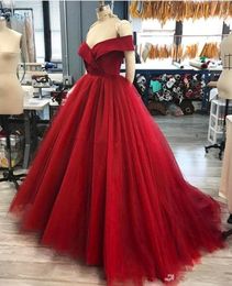 Dark Red Ball Gown Wedding Dress Off The Shoulder Princess Tulle Simple Red Coloured Non White Bridal Gowns Custom Made