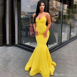 Sexy Cheap Yellow Mermaid Prom Dresses Long Sweetheart Backless Floor Length Satin Long Evening Dress Arabic Formal Wear ogstuff