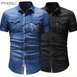 2020 New Mens Fashion Short Sleeve Slim Fit Jeans Shirts High Street Single Breasted Denim Solid Turn Down Collar Casual Shirts