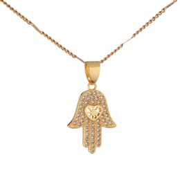 gold color hamsa pendant necklace fatimas hand lucky hand cz diamond necklace trendy women chain jewelry