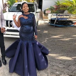 Plus Size Navy Blue Beaded Mermaid Sequined Prom Dresses Jewel Neck Long Sleeve Ruffles Bottom Prom Gowns