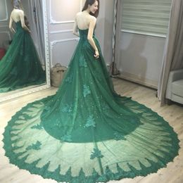 2019 Green Wedding Dresses Made in China Bling Bling Sequins Tulle Lace Appliques Lace-up Back Bridal Gowns with Chapel Train