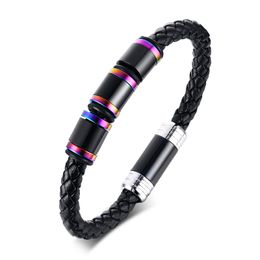 21cm Lenght Rainbow Tube Charms Bracelet Black Braided Leather Bracelet with Stainless Steel Magnet Clasp