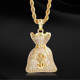 14K Iced Out Dollar Sign Money Bag Pendant Necklace Mens Gold Chain Pendants with 3mm Rope Chain Rapper Singer Jewelry