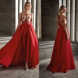 Red Lace Stain Prom Jumpsuit with Train Modern Half Sleeve Sheer Neck Full Length Arabic Occasion Evening Dress with Pant Suit