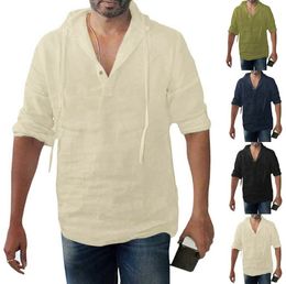 Men's T shirt Baggy Cotton Linen Solid Button Plus Size Long Sleeve Hooded Shirts Tops Male shirt Men Clothing