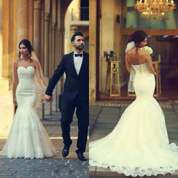 Vintage 2018 Trumpet Wedding Dresses Corset Sweetheart Neckline Lace-up Back Ivory Lace Fit and Flare Bridal Gowns