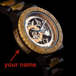 Relogio Masculino BOBO BIRD Mechanical Watch Men Wood Wristwatch Automatic Customized Name Free for Dad Wooden Gift Box