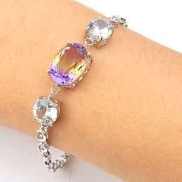 Valentine's Gift Luckyshine Colourful Topaz 3 granule Stone White Crystal Wedding party Silver for Women Zircon Charm Bracelets 8" inch