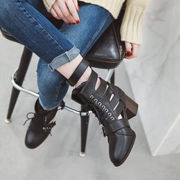 Горячие продажи-высокие каблуки круглые пальцы короткие сандалии сапоги натуральные кожаные ботинки Женская обувь для девочек обувь ботинок ботинок Martin Boots Big Size34-43