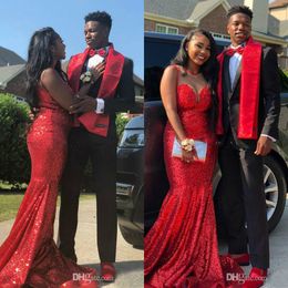 Sparkly Red Mermaid Prom Dresses Sheer Jewel Neck Ruffles Sweep Train Sequined Evening Gowns African Plus Size Bridesmaid Dresses