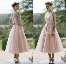 2019 Blush Pink Tulle Bridesmaid Dress A Line Tea Length Maid of Honour Dress Wedding Party Gown Plus Size vestidos damas de Honour