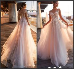 2020 New Elegant Blush Pink Lace Appliques A Line Wedding Dresses Sheer Scoop Neck Tulle Covered Button Tulle Long Wedding Gowns Customize