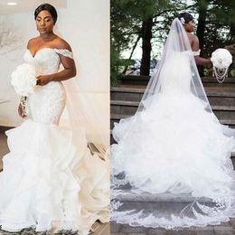Elegant Nigerian African Mermaid Wedding Dresses Off Shoulder Cascading Ruffles Organza Wedding Dress Bridal Gowns vestido de noiva