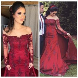 Plus Size Dark Red Beaded Lace Mermaid Prom Dresses Detachable Skirt Long Sleeves Applique Long Sleeve Formal Dress Evening Party Gowns