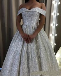 Arabic Dubai Bling Sliver Sequined A Line Evening Dresses Off Shoulder Open Back Floor Length Plus Size Formal Prom Party Gowns