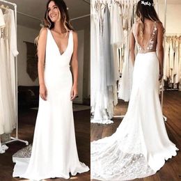 Simple A Line Wedding Dresses V Neck Backless Tulle Satin Lace Wedding Guest Dress Bridal Gowns Bridesmaid Dress BM1513