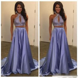 Lavender Two Piece Prom Dresses Beaded Halter Satin Sweep Train Keyhole Neck Evening Gown Junior S Graduation Party Wear