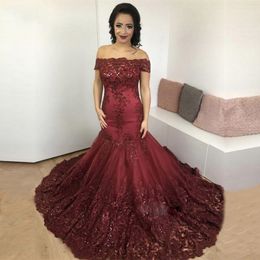 2020 Bling Bling Burgundy prom Dresses strapless Mermaid sequined Lace Appliques corset back Off the Shoulder Luxury Evening Gowns