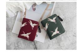 DHL50pcs Wallet Women PU embroidery swan Two Foldable Square Short Wallets Mix Colour Zipper Card Holder Bag