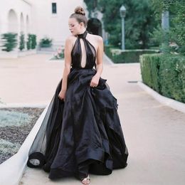 Halter Plunging Neck Prom Dresses 2021 Tull Black A Line Long Sleeveless Cocktail Party Evening Gowns vestidos