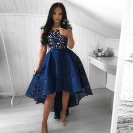 2019 Sexy High Low Short Prom Dresses Crew Neck Sheer Capped Sleeves Elegant Appliqued Bodice Blue Lace Cocktail Dresses
