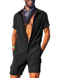 Men Romper Jumpsuit Short Sleeve Cargo Overalls Playsuit Fashion One Piece Zipper Solid Brand New Casual Streetwear