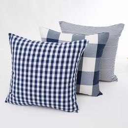 Wedding Party Gift Cushion Cover Nordic Fashion Navy Blue Plaid Decor Office Home Car Sofa Pillow Case 45X45cm263h