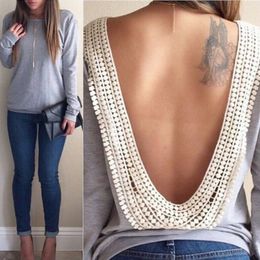 Backless Summer Fashion Women Casual Lace Boho Long Sleeve Blouse Baggy Shirts Tops Ladies V Neck Retro