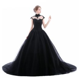 2019 Ball Gown Black Gothic Wedding Dresses High Neck Lace Tulle Corset Lace-Up Back Women Non White Bridal Gowns With Color Custom Made