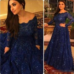 Blue Long Navy Sleeves Prom Dresses Elegant Off the Shoulder Scalloped Neckline Lace Applique Tulle Sequins Custom Made Evening Gowns