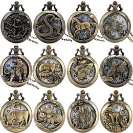 Antique Vintage 3D Twelve Chinese Zodiac Animal Watch Mens Womens Quartz Pocket Watches Analogue Display Clock Neckalce Sweater Chain Gift