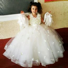 Flower Girls Dresses Jewel Neck Short Sleeves Lace Appliques Button Back Sash Beaded Long Ball Gown Pageant Kids Prom Gowns