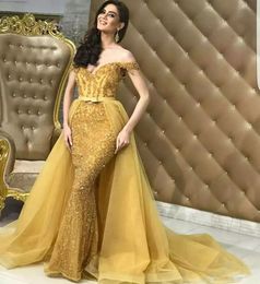 Daffodil Mermaid Evening Dress With Tulle Overskirts Glittering Sequins Beaded Off Shoulder Celebrity Prom Gown Luxury Formal Party Dress 40