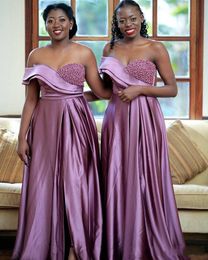 Arabic Cheap Sexy Lilac Bridesmaid Dresses One Off Shoulder Pearls Long For Weddings Floor Length Split Formal Maid Of Honour Gowns