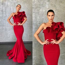 Elie Saab 2020 Red Mermaid Evening Dresses Flower Ruffles One Shoulder Party Evening Gowns Runway Fashion Prom Wear