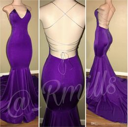 New Sexy Purple Mermaid Prom Dresses Halter Neck Simple Backless Sweep Train Formal Evening Custom Made Cheap Simple Women Gown