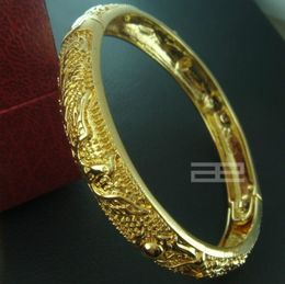 Women yellow gold filled Chinese carving Wedding open Bangle bracelet 10mm band width 58mm diameter