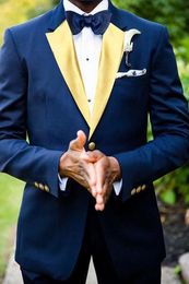 Custom Made Groomsmen Notch yellow Lapel Groom Tuxedos Navy Blue Men Suits Wedding/Prom/Dinner Best Man Blazer ( Jacket+Pants+Tie) G201