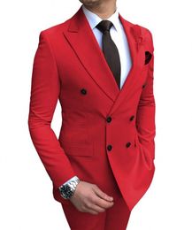 Handsome Red Men Wedding Tuxedos Double-Breasted Groom Tuxedos Popular Men Blazer 2 Piece Suit Prom/Dinner Jacket (Jacket+Pants+Tie) 2627