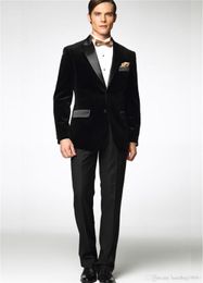 New Arrivals Two Button black Velvet Groom Tuxedos Peak Lapel Groomsmen Best Man Blazer Mens Wedding Suits (Jacket+Pants+Tie) D:80
