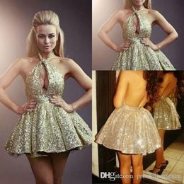 sexy gold halter backless short homecoming dresses gliter sequins mini short prom party gowns cocktail dresses