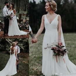 Sexy Elegant Cheap White Bohemian A Line Wedding Dresses Backless With Wrap V Neck Boho Garden Wedding Dress Bridal Gowns Vestidos De Soiree