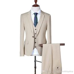 Popular Beige Groom Tuxedos One Button Notch Lapel Man Business Suit Wedding Blazer Waistcoat Trousers Sets (Jacket+Pants+Vest+Tie) K36