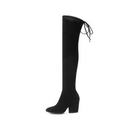 Women Shoes Over The Knee High Boots Pointed Toe Autumn Winter Shoes Women Hoof Heels Flock Women Boots Size 34-43